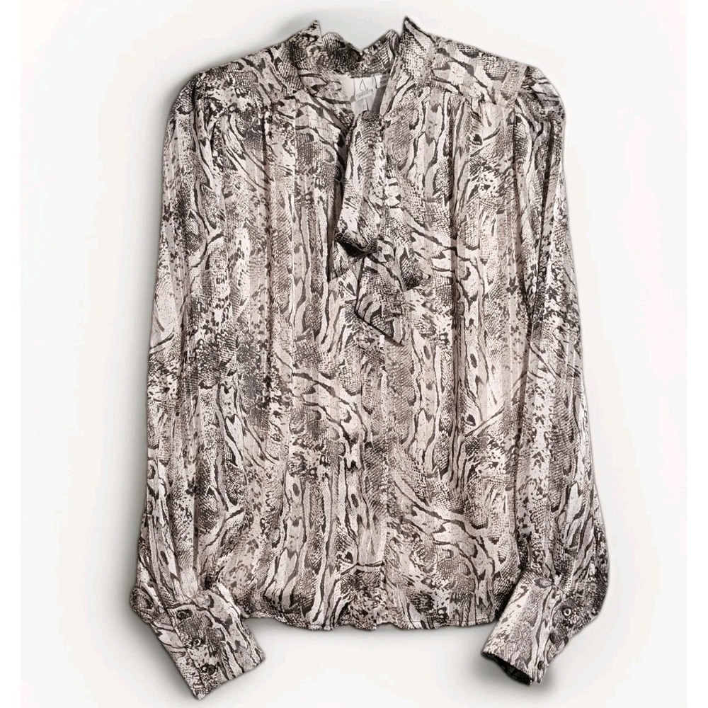 Joie Women's Snake Print Bow Tie Neck Button Up Lined Blouse Sz Lg